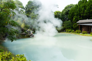 Japanese Hot Spring water boiling, Beppu, Oita, Japan. Produces health benefits